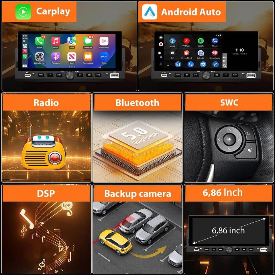 Pyniro Single Din Car Stereo, 6.86 Inch CarPlay & Android Auto HD IPS Touchscreen Radio with Bluetooth