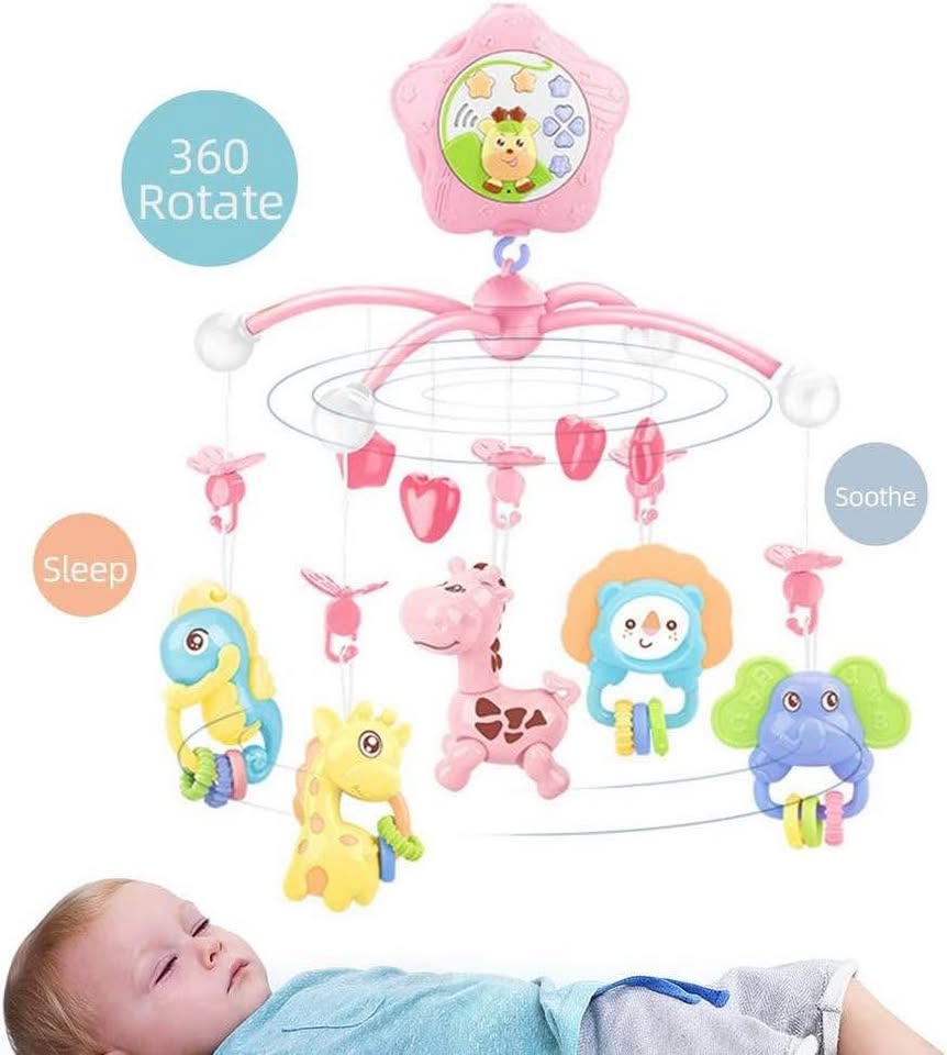 Baby mobile for crib with lights and musicial, Projection ,Hanging Rotating, Teether for girl (Pink)