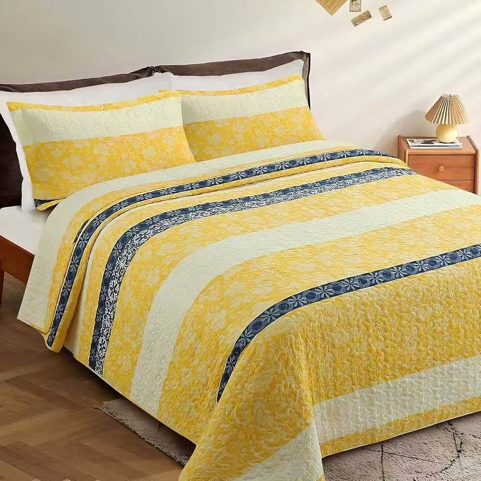 Queen Yellow White Blue Striped 100% Cotton Quilt Set