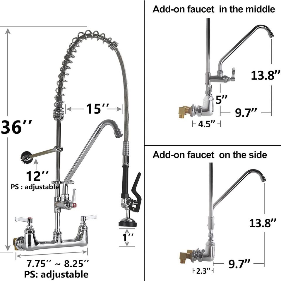 Commercial Faucet with Sprayer Kitchen Sink Faucet 36'' Height 8 Inch Center Commercial Wall Mount F