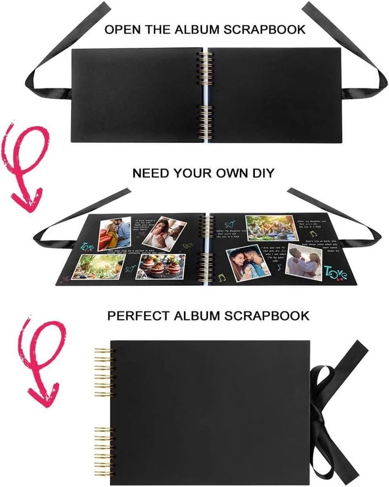 Scrapbook Photo Album 80 Pages, DIY Black Page Scrap Book for Birthday, Anniversary, Wedding, Valen