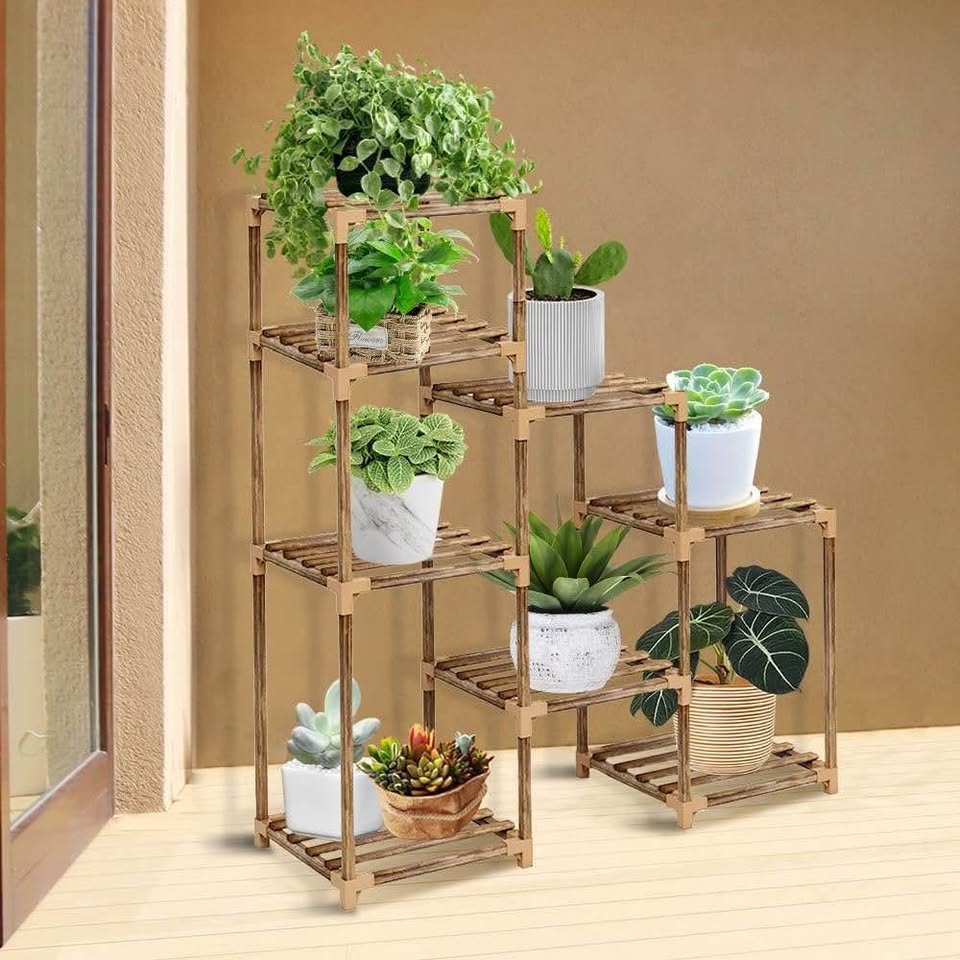 Wood Plant Stand Indoor Outdoor, FOME 8 Tier Tall Plant Stand Large Plant Stands Outdoor Corner Plan