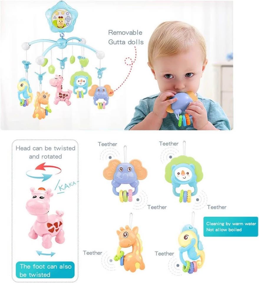 Baby mobile for crib with lights and musicial, Projection ,Hanging Rotating, Teether for girl (Pink)