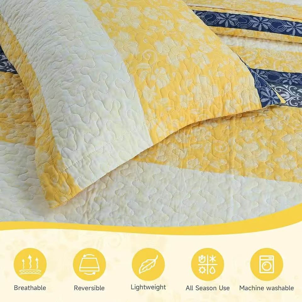 Queen Yellow White Blue Striped 100% Cotton Quilt Set