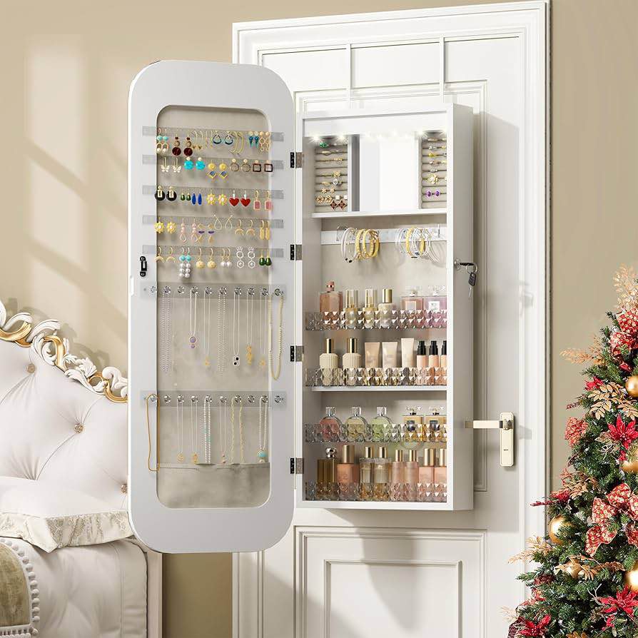 soges Jewelry Cabinet with Full Length Mirror, Lockable Standing Jewelry Armoire Organizer with LED