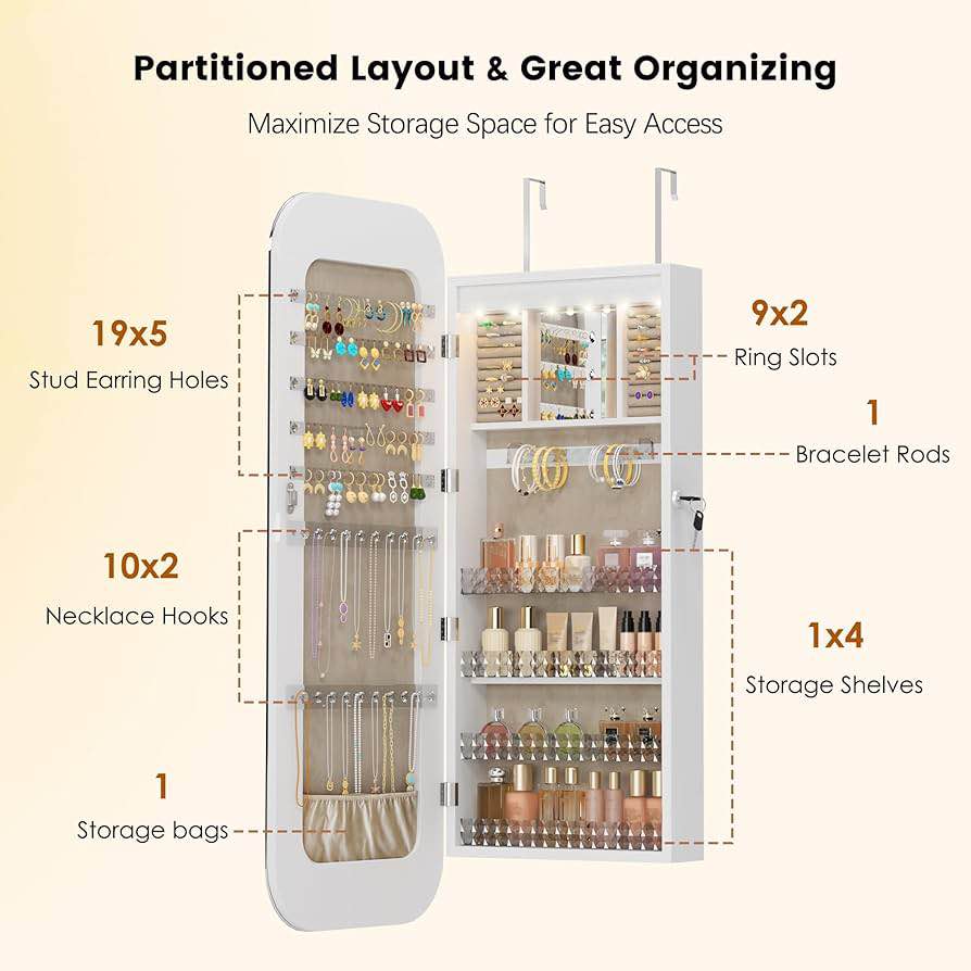 soges Jewelry Cabinet with Full Length Mirror, Lockable Standing Jewelry Armoire Organizer with LED
