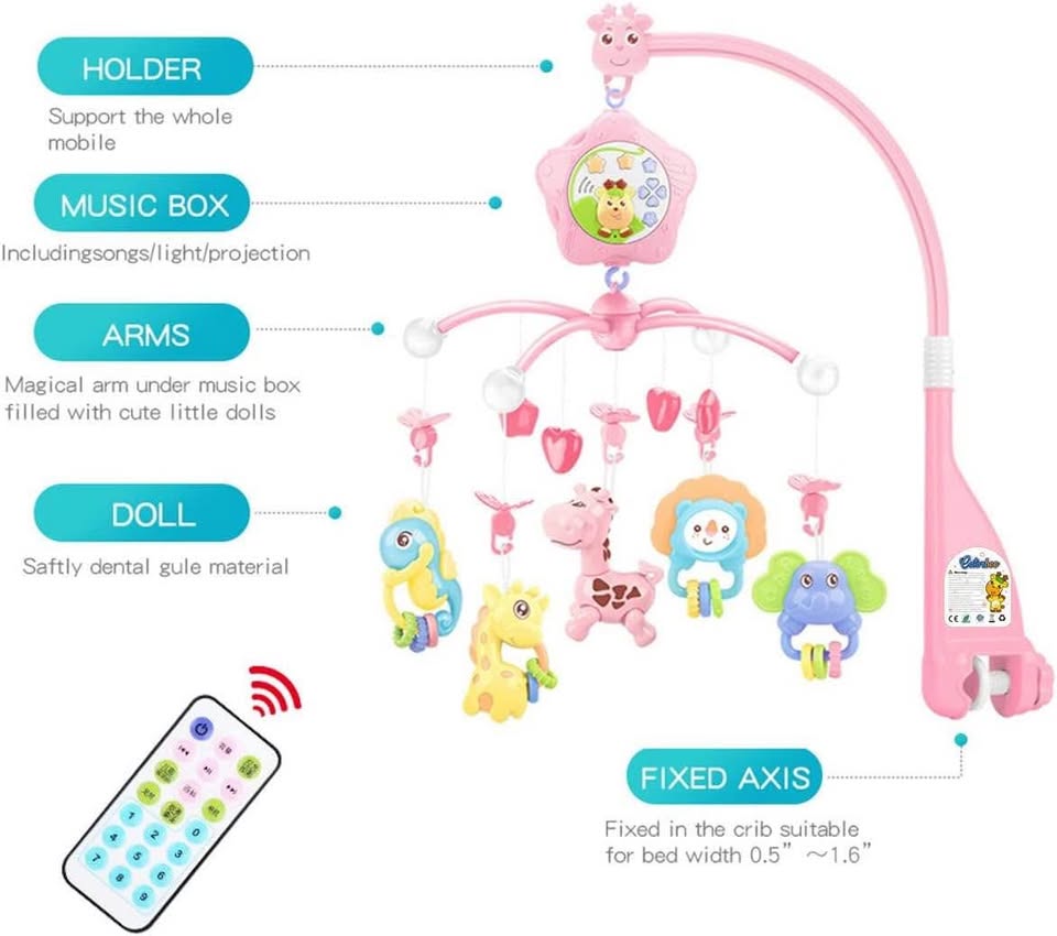 Baby mobile for crib with lights and musicial, Projection ,Hanging Rotating, Teether for girl (Pink)