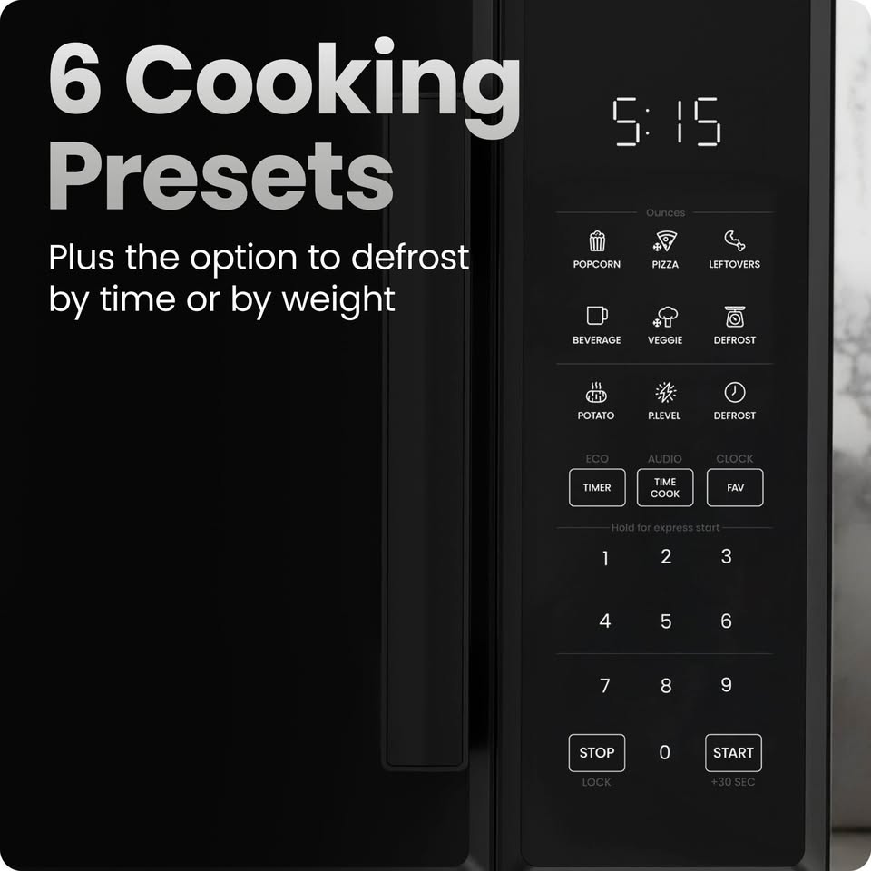Chefman Countertop Microwave Oven 0.9 Cu. Ft., 900 Watts with 10 Power Levels, 6 Cooking Presets wit