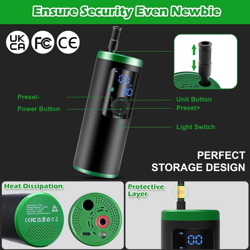 Cordless Bike Tire Inflator Air Compressor - Zacro 150PSI Electric Battery Powered Mini Bike Air Pum