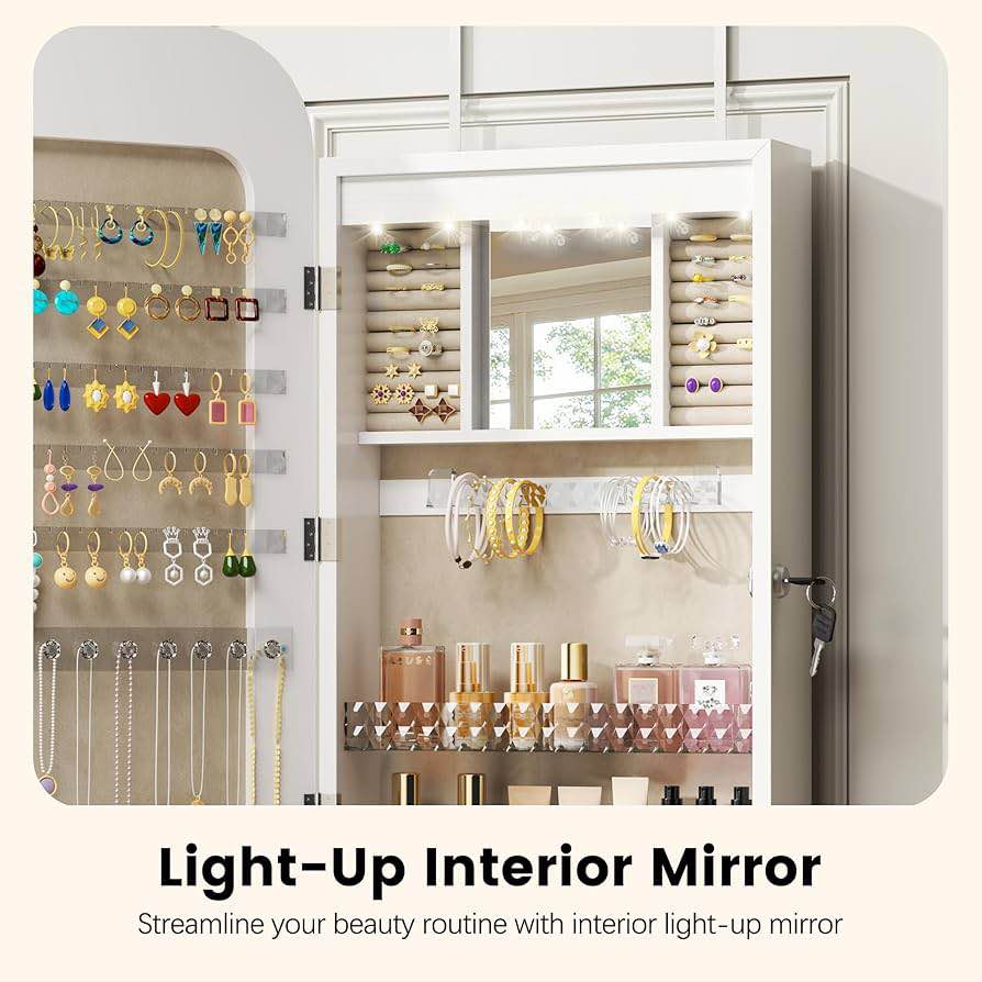 soges Jewelry Cabinet with Full Length Mirror, Lockable Standing Jewelry Armoire Organizer with LED