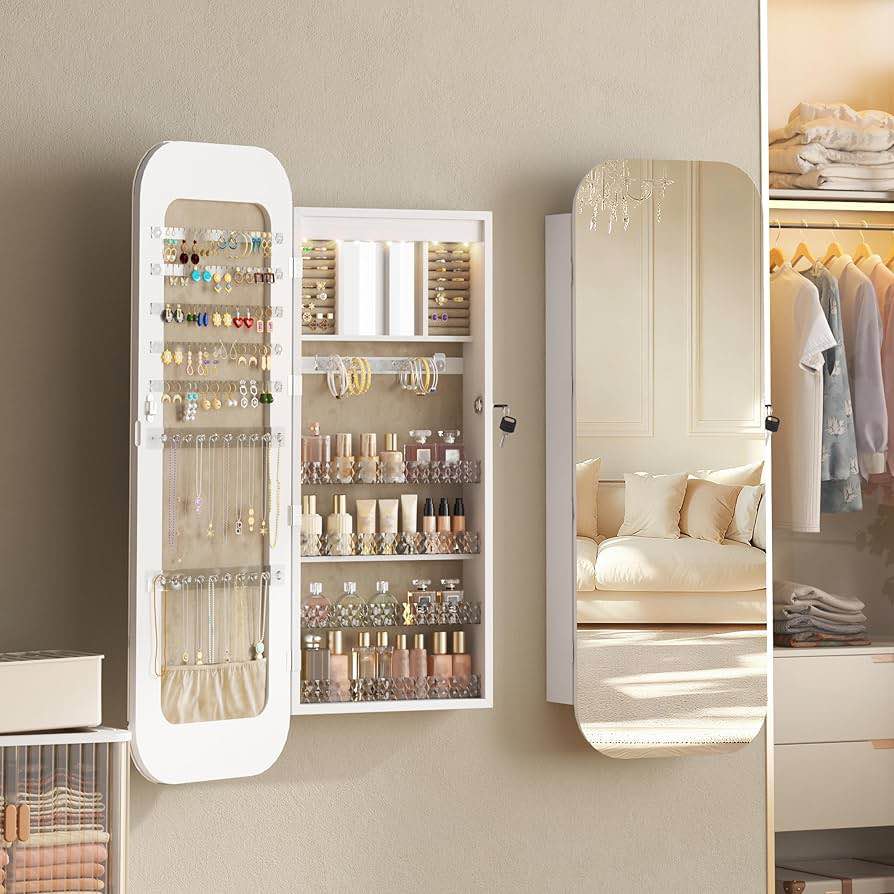 soges Jewelry Cabinet with Full Length Mirror, Lockable Standing Jewelry Armoire Organizer with LED