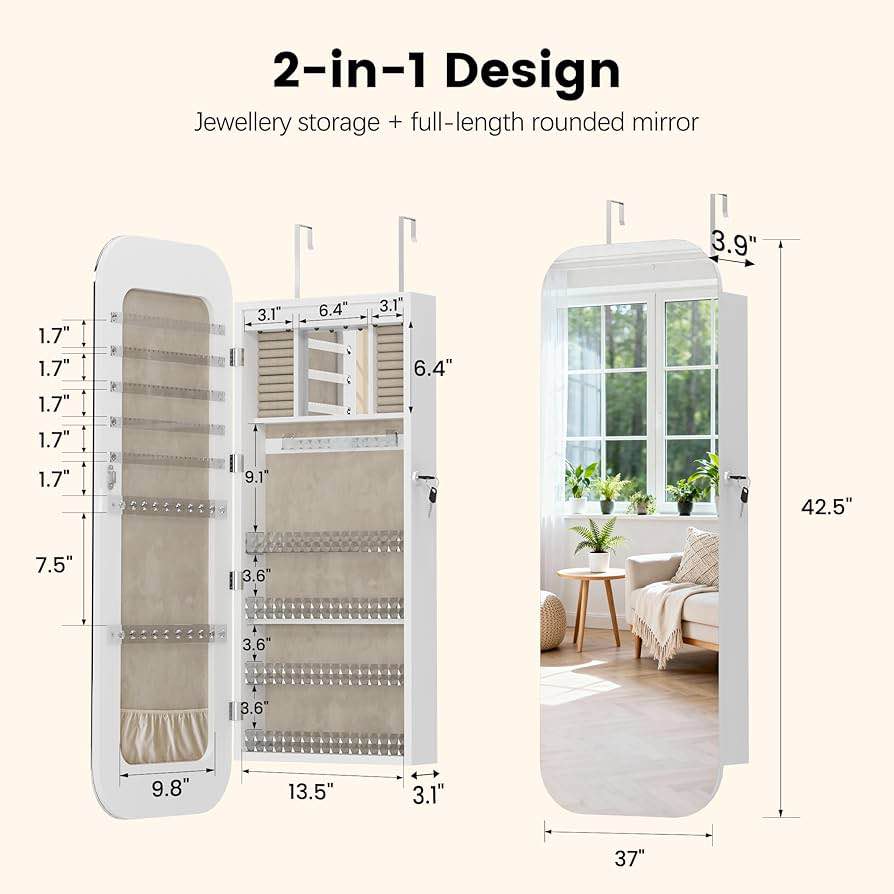 soges Jewelry Cabinet with Full Length Mirror, Lockable Standing Jewelry Armoire Organizer with LED