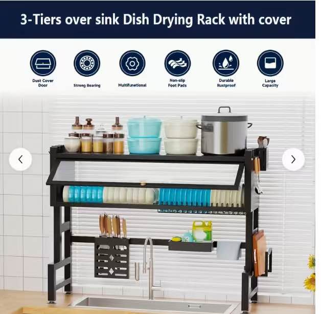 3 Tier Over Dish Drying Rack Organizer with Dustproof Cover Steel Kitchen Counter Supplies