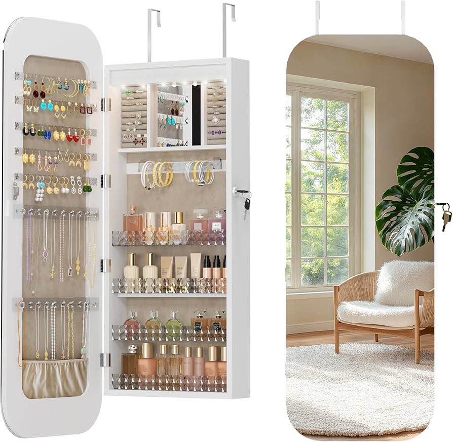 soges Jewelry Cabinet with Full Length Mirror, Lockable Standing Jewelry Armoire Organizer with LED