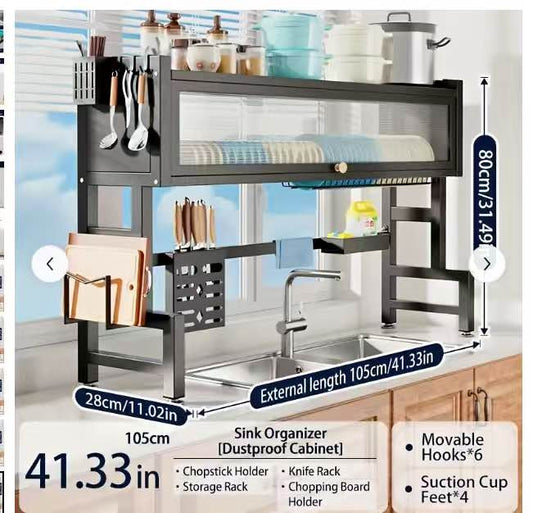 3 Tier Over Dish Drying Rack Organizer with Dustproof Cover Steel Kitchen Counter Supplies