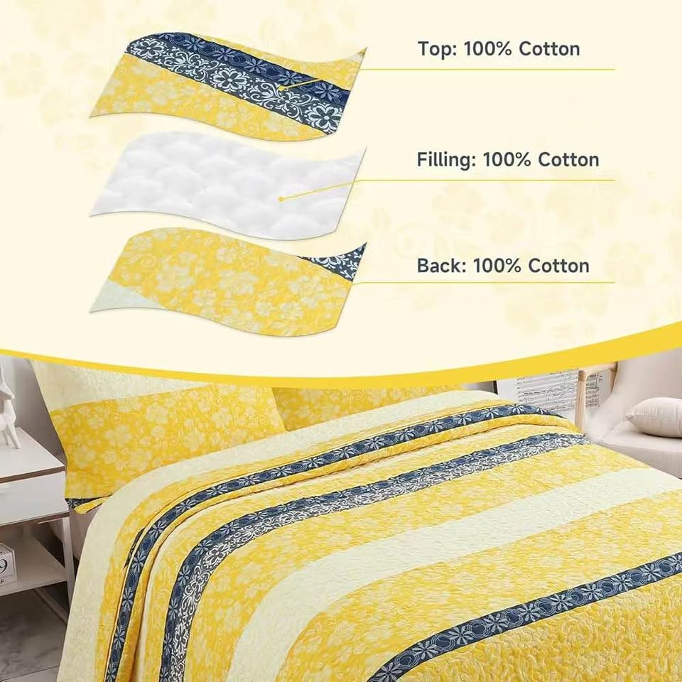Queen Yellow White Blue Striped 100% Cotton Quilt Set