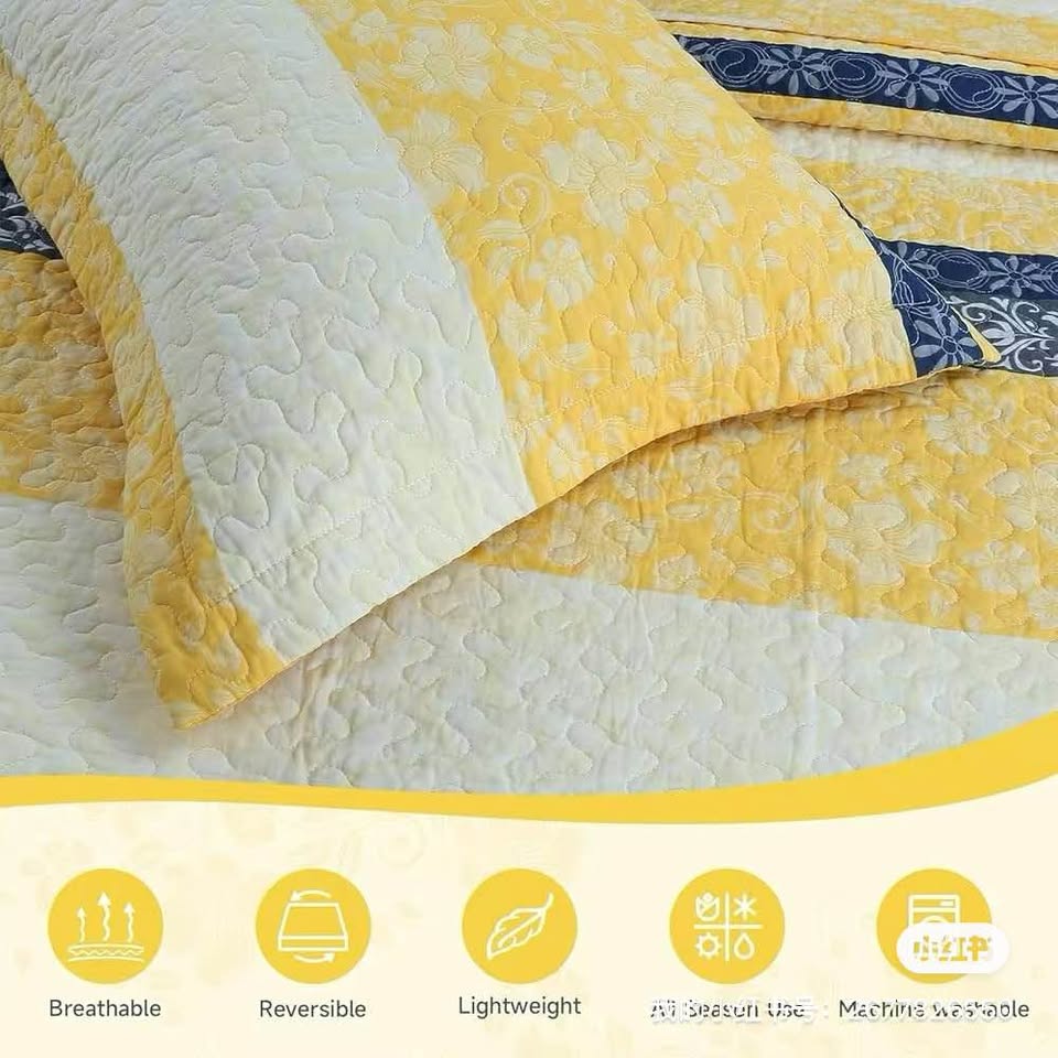 Queen Yellow White Blue Striped 100% Cotton Quilt Set