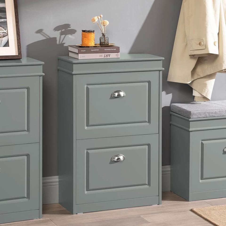 SoBuy Small Shoe Cabinet with 2 Flip Drawers,Shoe Storage Organizer,Shoe Rack for Entrywary,Grey,FSR