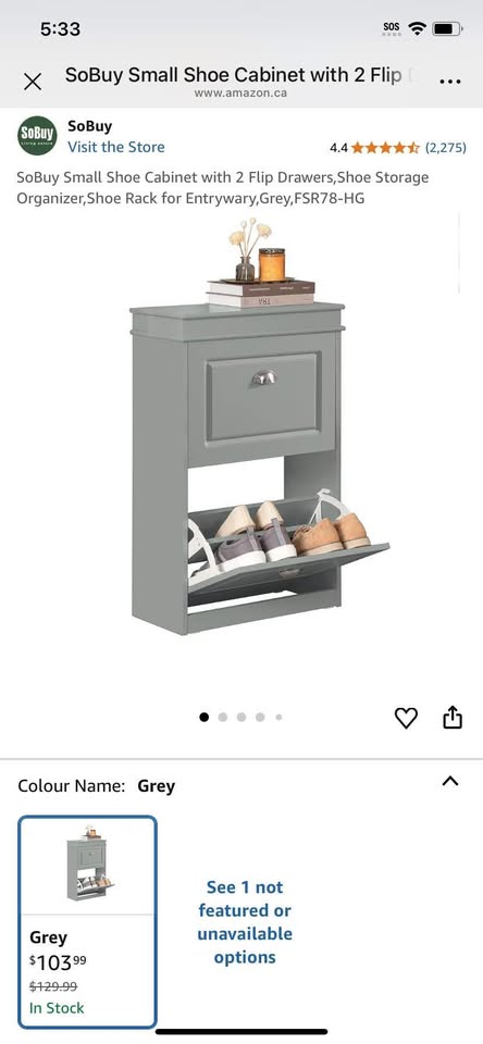 SoBuy Small Shoe Cabinet with 2 Flip Drawers,Shoe Storage Organizer,Shoe Rack for Entrywary,Grey,FSR