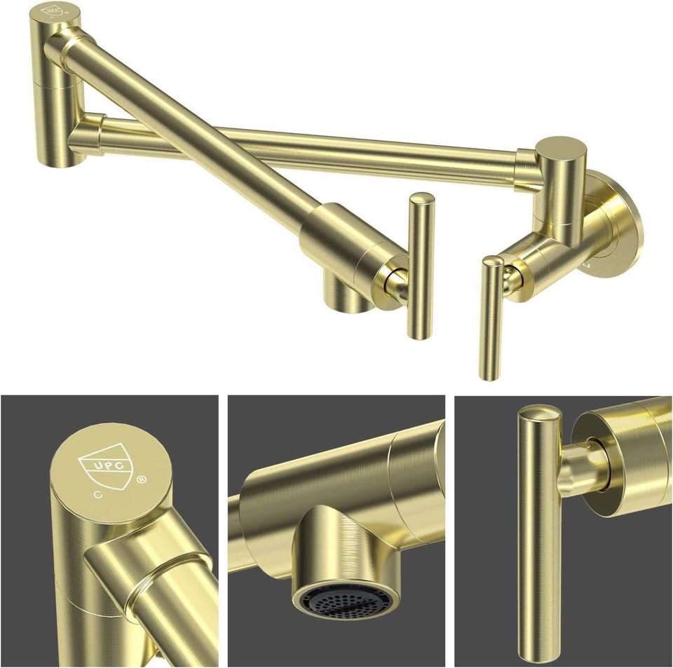 Certified NIREU Pot Filler Faucet Wall Mount Brushed Gold Folding Stretchable Brass Kitchen Faucet