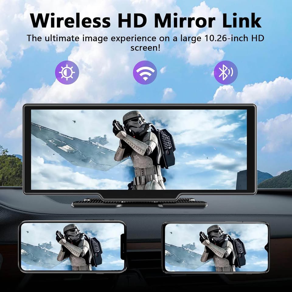 10.26 Inch Wireless Apple Car Play and Android Auto Screen with 4K Dash cam and real camera