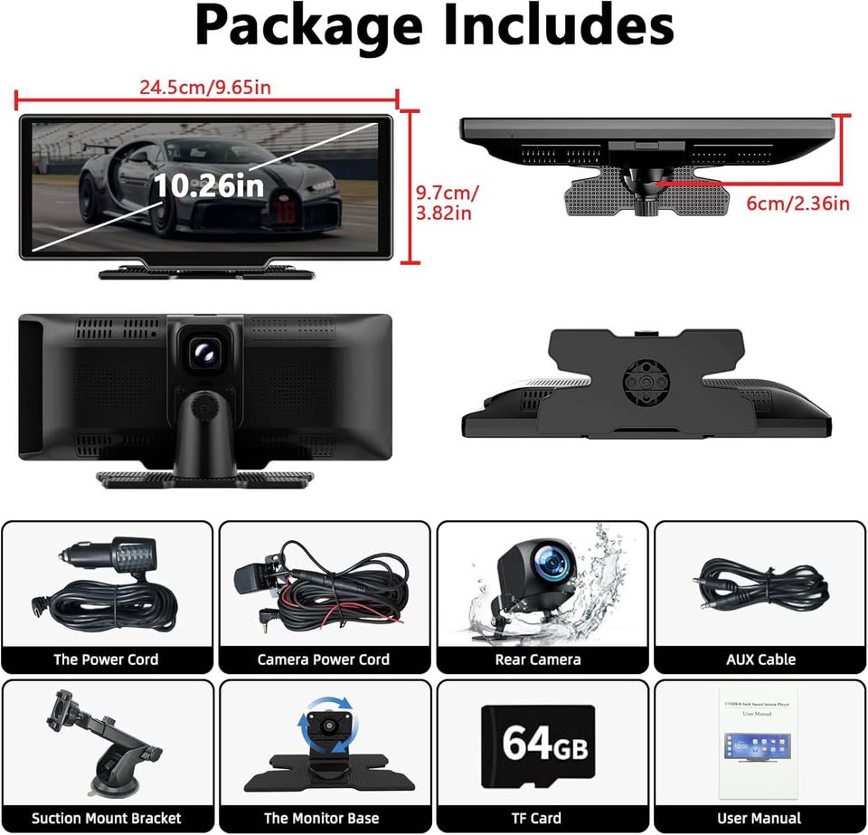 10.26 Inch Wireless Apple Car Play and Android Auto Screen with 4K Dash cam and real camera