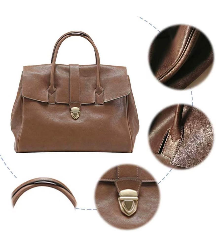 New Leather Handbag Briefcase Top Handle Flap Gold Hardware Shoulder Bag Black Brown