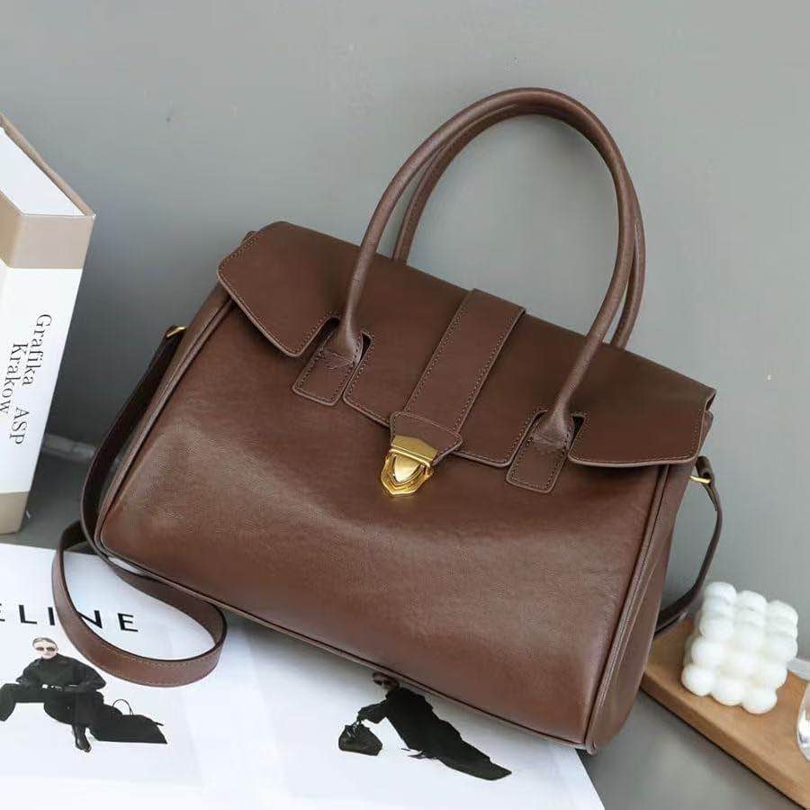 New Leather Handbag Briefcase Top Handle Flap Gold Hardware Shoulder Bag Black Brown