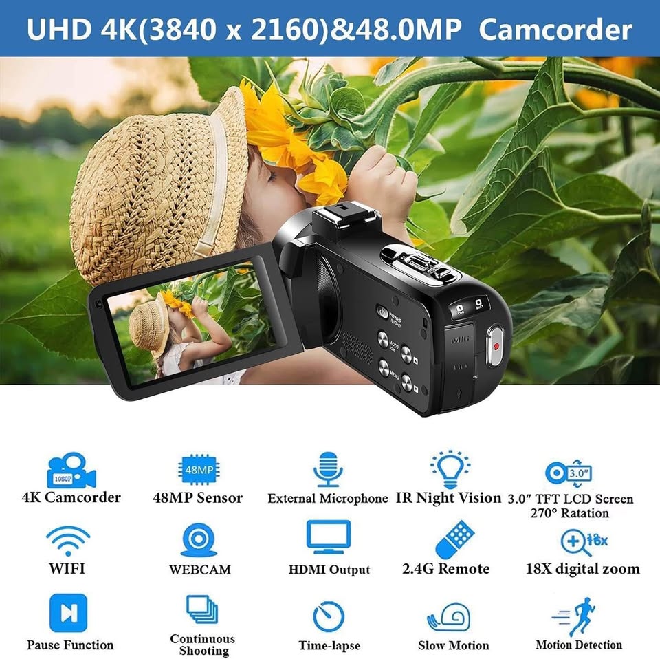 4K Video Camera Camcorder 48MP 60FPS 18X Digital Camera IR Night Vision Video Camera for YouTube