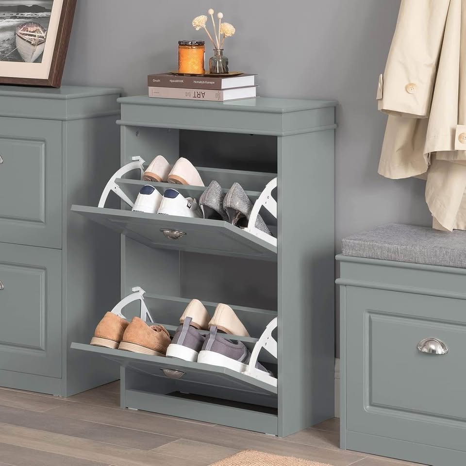 SoBuy Small Shoe Cabinet with 2 Flip Drawers,Shoe Storage Organizer,Shoe Rack for Entrywary,Grey,FSR