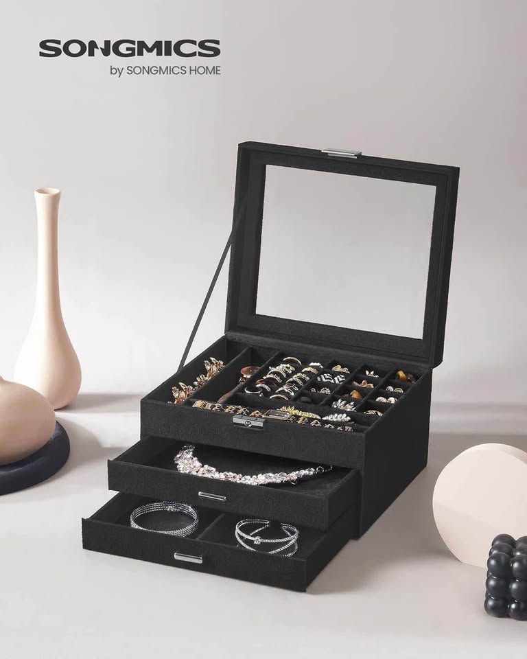 SONGMICS Jewelry Box, Lockable Jewelry Storage Organizer, Jewelry Case with Glass Window, for Rings