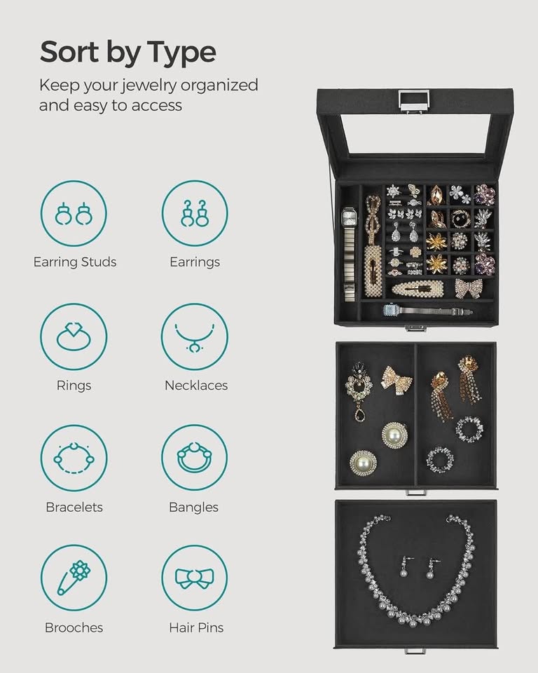 SONGMICS Jewelry Box, Lockable Jewelry Storage Organizer, Jewelry Case with Glass Window, for Rings