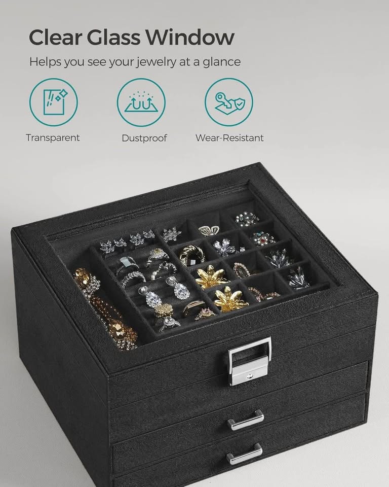 SONGMICS Jewelry Box, Lockable Jewelry Storage Organizer, Jewelry Case with Glass Window, for Rings