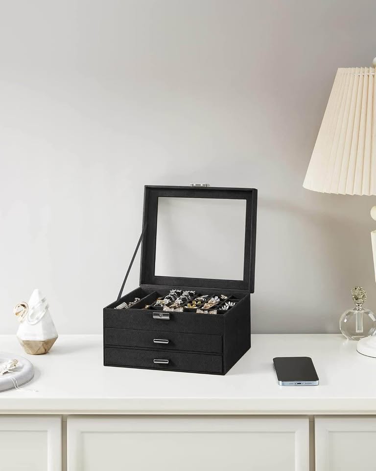 SONGMICS Jewelry Box, Lockable Jewelry Storage Organizer, Jewelry Case with Glass Window, for Rings