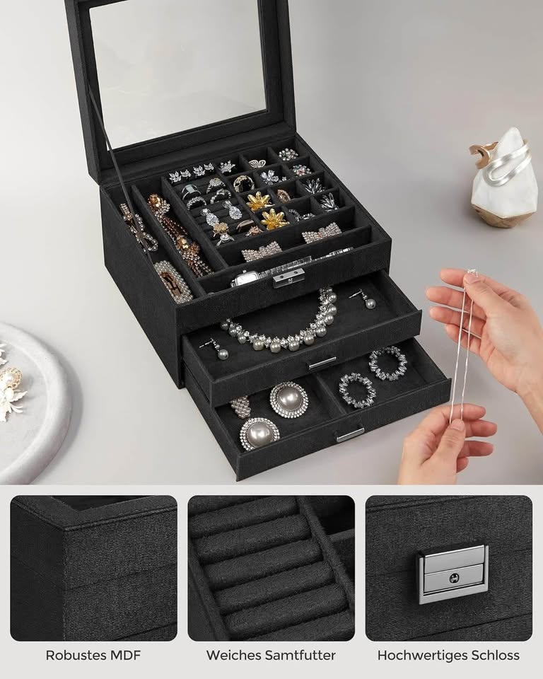 SONGMICS Jewelry Box, Lockable Jewelry Storage Organizer, Jewelry Case with Glass Window, for Rings