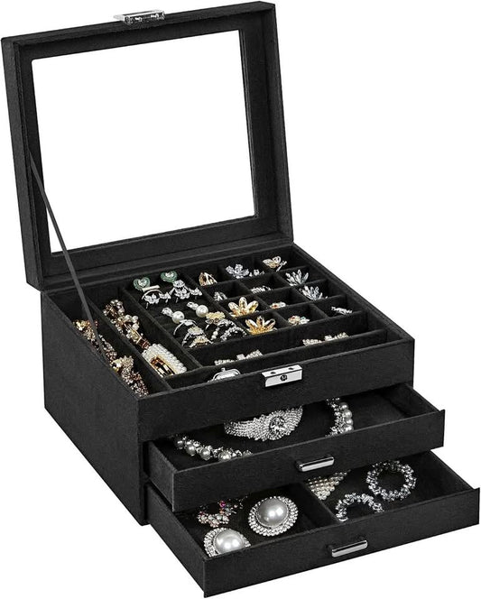 SONGMICS Jewelry Box, Lockable Jewelry Storage Organizer, Jewelry Case with Glass Window, for Rings
