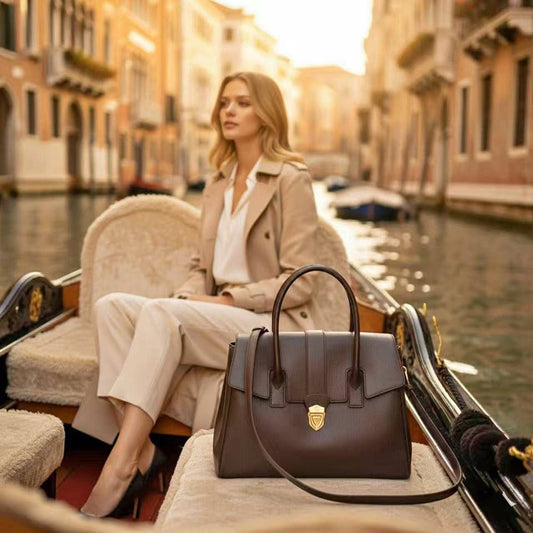New Leather Handbag Briefcase Top Handle Flap Gold Hardware Shoulder Bag Black Brown