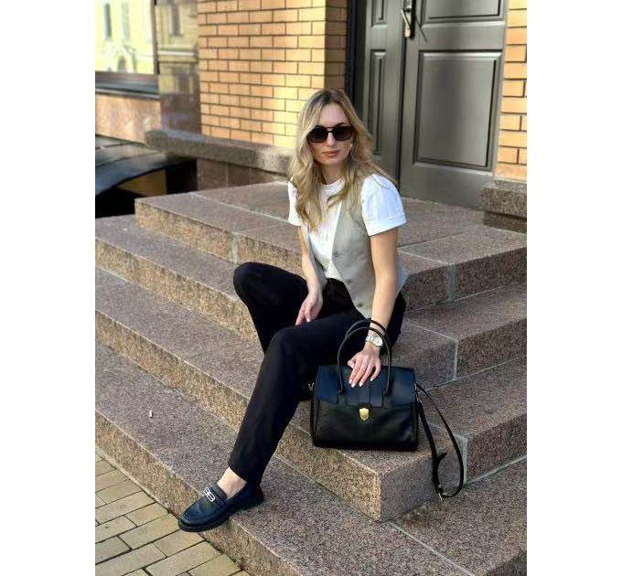 New Leather Handbag Briefcase Top Handle Flap Gold Hardware Shoulder Bag Black Brown