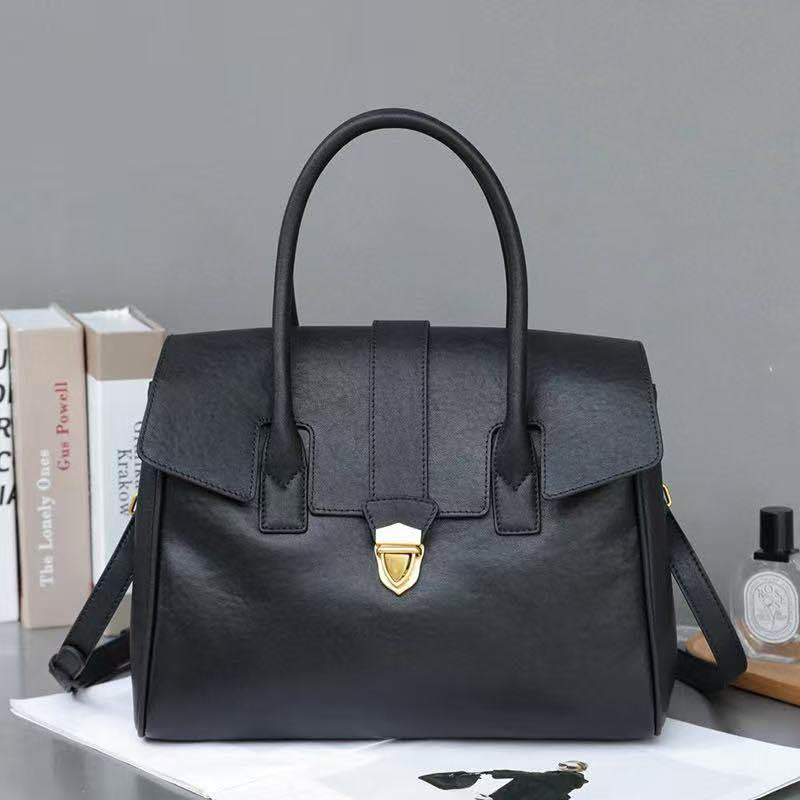 New Leather Handbag Briefcase Top Handle Flap Gold Hardware Shoulder Bag Black Brown