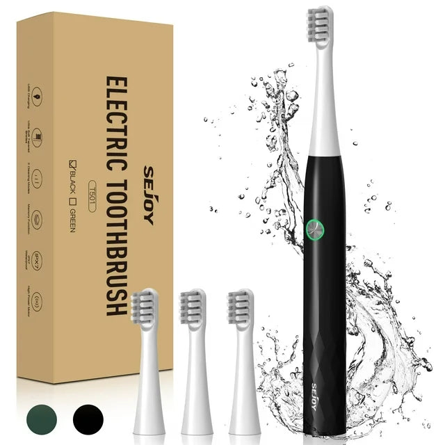 Sejoy Rechargeable Toothbrush Electric with 4 Tooth Heads,for Adults and Kids,Power Sonic Tooth Brush Soft Cleaning,3 Modes ,Smart Timer for Home Travel,Gift,Black