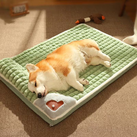 Green warm Dog Bed Mat with Pillow