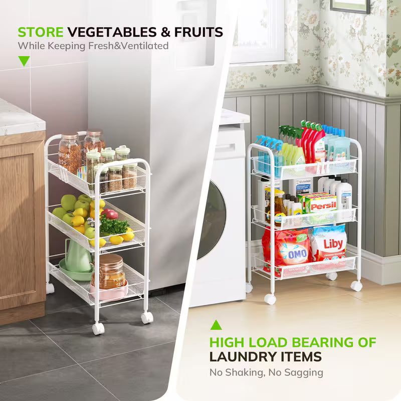 3-Tier Metal Rolling Cart, Mesh Wire Easy Assemble Utility Cart, Storage Trolley on Wheels with 4 Hooks, Metal Storage Shelving Units for Kitchen Bathroom Laundry Living Room, White