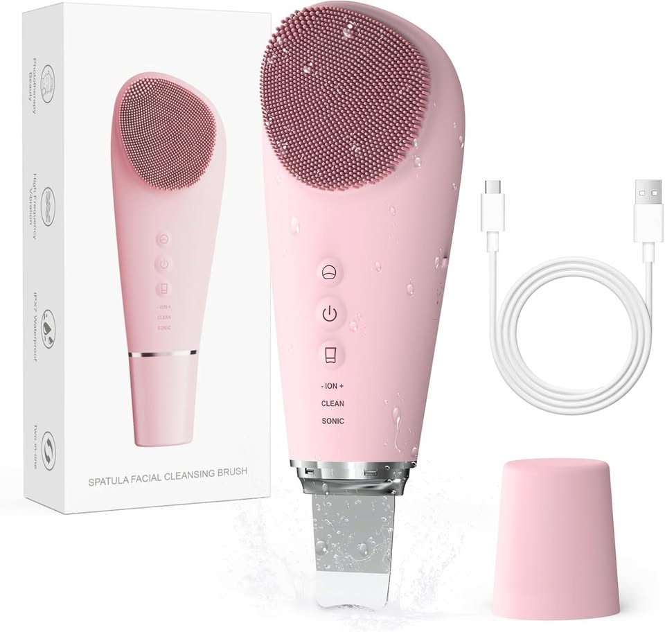 Face Scrubber Silicone Facial Cleansing Brush, 2 in 1 Electric Exfoliator Scrubber & Skin Spatula Pore Cleaner Blackhead Remover Tools, Waterproof Face Brush Exfoliating Deep Cleaning Massager, Pink
