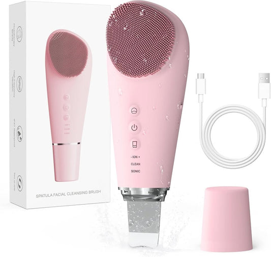 Face Scrubber Silicone Facial Cleansing Brush, 2 in 1 Electric Exfoliator Scrubber & Skin Spatula Pore Cleaner Blackhead Remover Tools, Waterproof Face Brush Exfoliating Deep Cleaning Massager, Pink