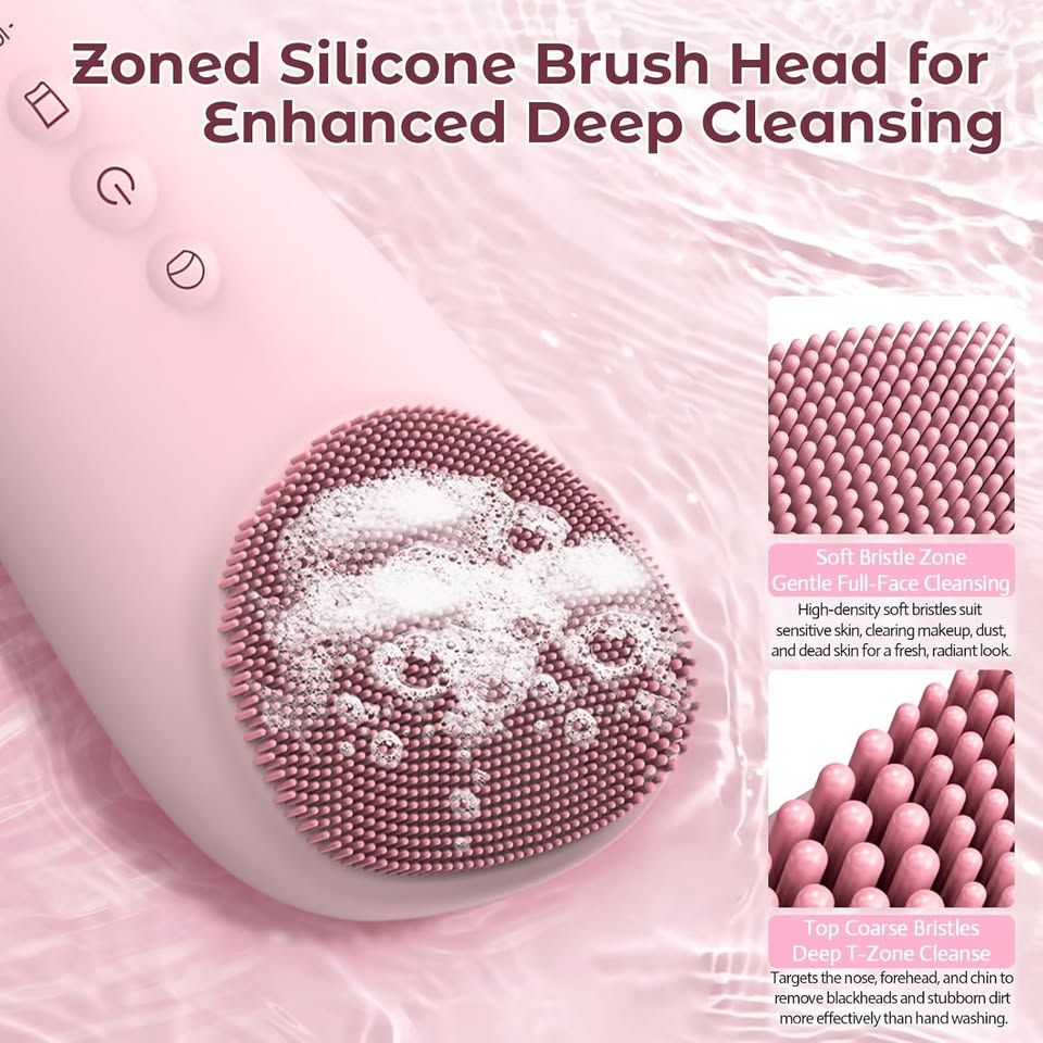 Face Scrubber Silicone Facial Cleansing Brush, 2 in 1 Electric Exfoliator Scrubber & Skin Spatula Pore Cleaner Blackhead Remover Tools, Waterproof Face Brush Exfoliating Deep Cleaning Massager, Pink