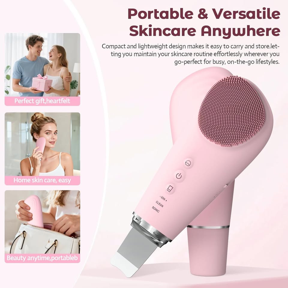 Face Scrubber Silicone Facial Cleansing Brush, 2 in 1 Electric Exfoliator Scrubber & Skin Spatula Pore Cleaner Blackhead Remover Tools, Waterproof Face Brush Exfoliating Deep Cleaning Massager, Pink