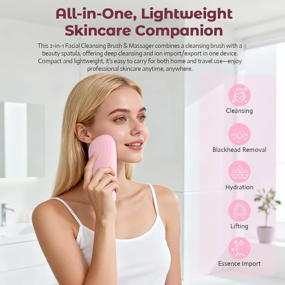 Face Scrubber Silicone Facial Cleansing Brush, 2 in 1 Electric Exfoliator Scrubber & Skin Spatula Pore Cleaner Blackhead Remover Tools, Waterproof Face Brush Exfoliating Deep Cleaning Massager, Pink