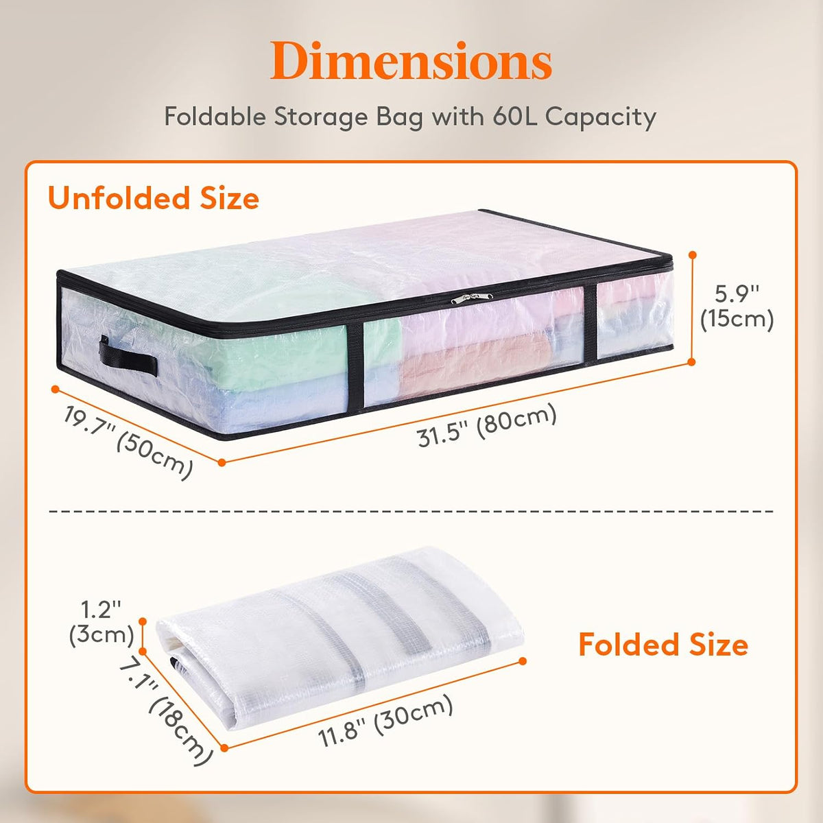 4 Pack Under Bed Storage, Large Clear Plastic Storage Bags, Clothes Storage Boxes Wardrobe Storage Organizer with Reinforced Handle Durable PP Fabric for Bedding Clothes Blanket, 60L