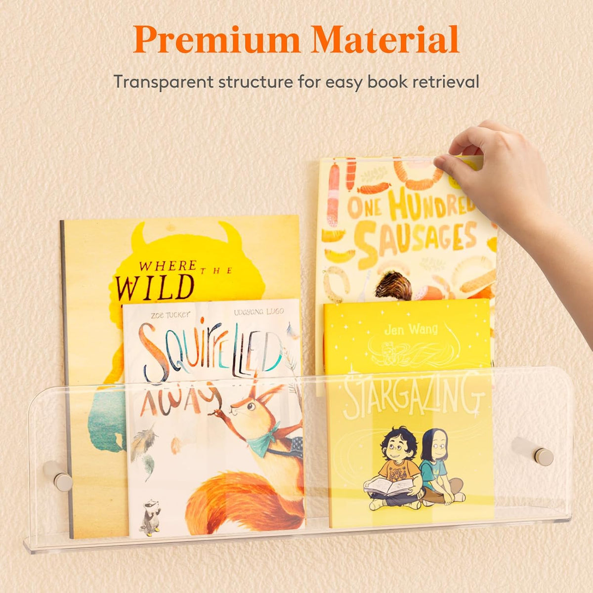 Magazine Rack Wall Mounted, 4 Pack 15" Nursery Bookshelf, Clear Acrylic Kids Floating Shelves Picture Hanging Racks for Baby/Toddler/Children in Bedroom, Living Room Decor