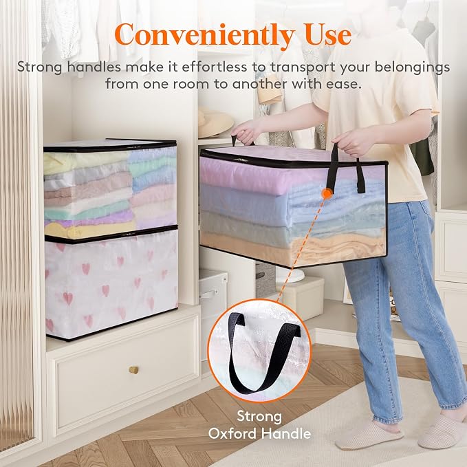 4 Pack Plastic Clothes Storage Bags, 60L Foldable Storage Containers Closet Organizers and Storage Moving Bags with Sturdy Zipper Lids Reinforced Handle for Bedding, Blanket, Comforter